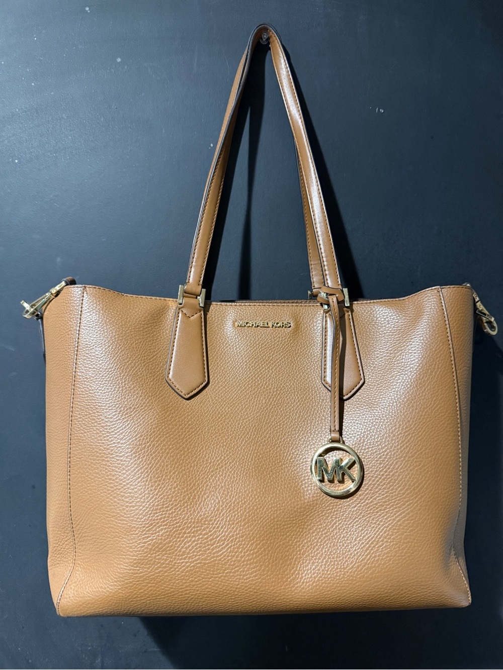 Michael Kors Cognac Pebbled Leather Tote with MK Charm